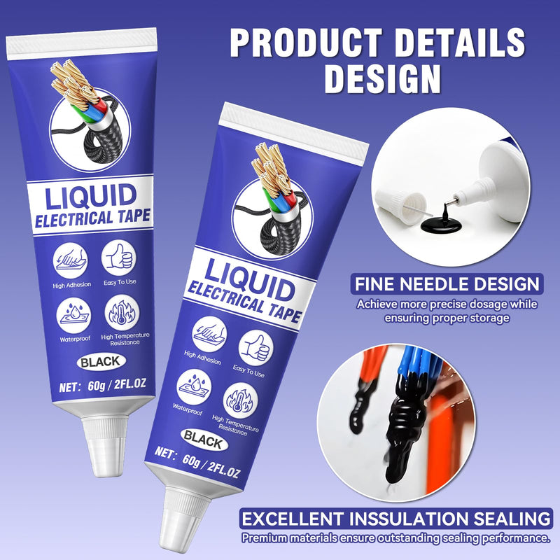 Liquid Electrical Tape, 2PCS 60ml Waterproof Insulating Sealant with Self-Tip, Fast-Drying & High Temp Resistant for Wires, Cables & Marine Repairs (Black)