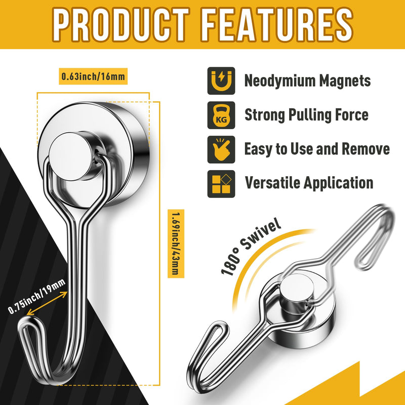 [Australia - AusPower] - 6 Pack Magnetic Hooks 25LBS, Neodymium Magnet Hooks for Hanging, Swivel Swing Magnetic Hook Heavy Duty, Magnet with Hooks Strong Magnetic Hooks for Cruise, Kitchen, Camping, Door, Locker Silver Pack of 6 