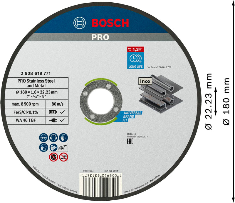 Bosch Professional 1x Standard for Inox Trennscheibe (für Edelstahl, Ø 180 x 1,6 x 22,23 mm, Gerade, Zubehör Winkelschleifer) Diameter: 180 x 1.6 x 22.23 mm