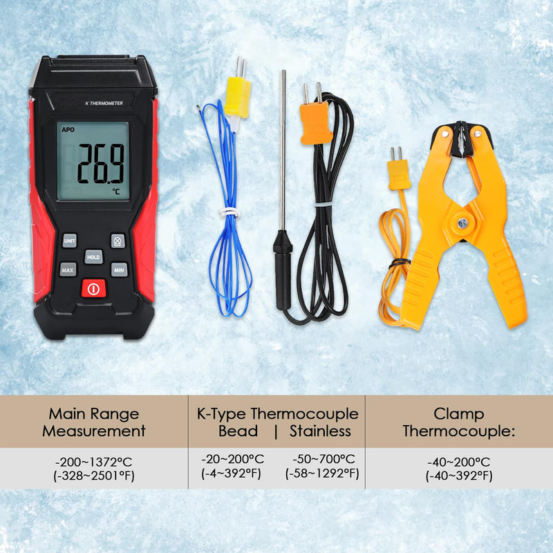 [Australia - AusPower] - Digital Type K Thermocouple Thermometer HVAC Temperature Clamp Meter, -328°F~2501°F Range Single Channel K-Type Temperature Meter Gauge with Thermocouples & Lead Probe Pipe Clamp Measures -40°F~392°F 