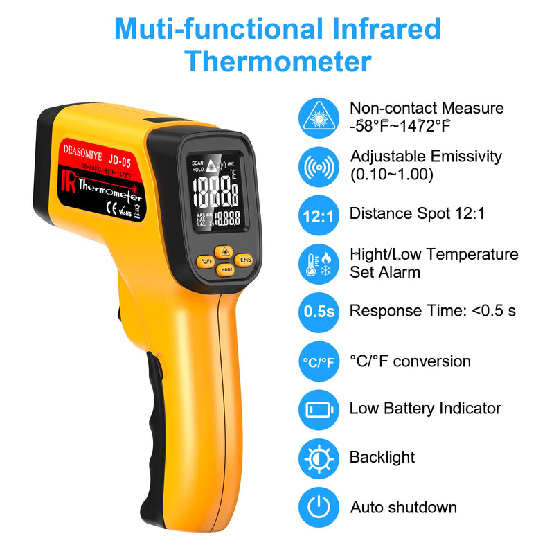 [Australia - AusPower] - Non-Contact Infrared Thermometer Gun, High Accuracy -58°F to 1472°F, Adjustable Emissivity, Ir Thermometer with Backlit LCD, Over-Temp Alarm, Laser Temperature Gun for Cooking,BBQ,HVAC JD-04 