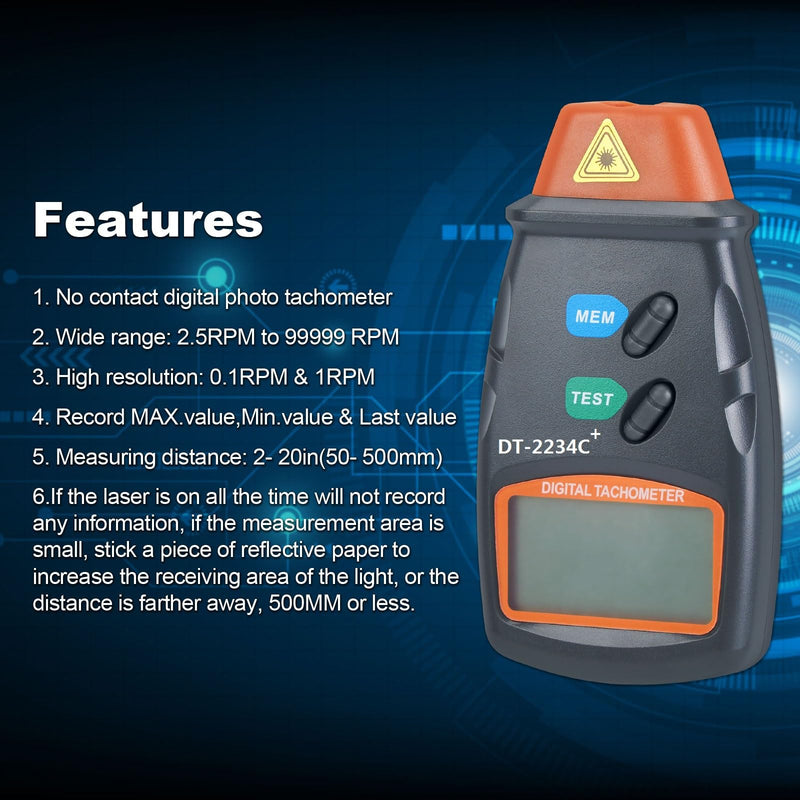 FITNATE Professional Digital Tachometer, Touchless Digital Laser Photo Tachometer