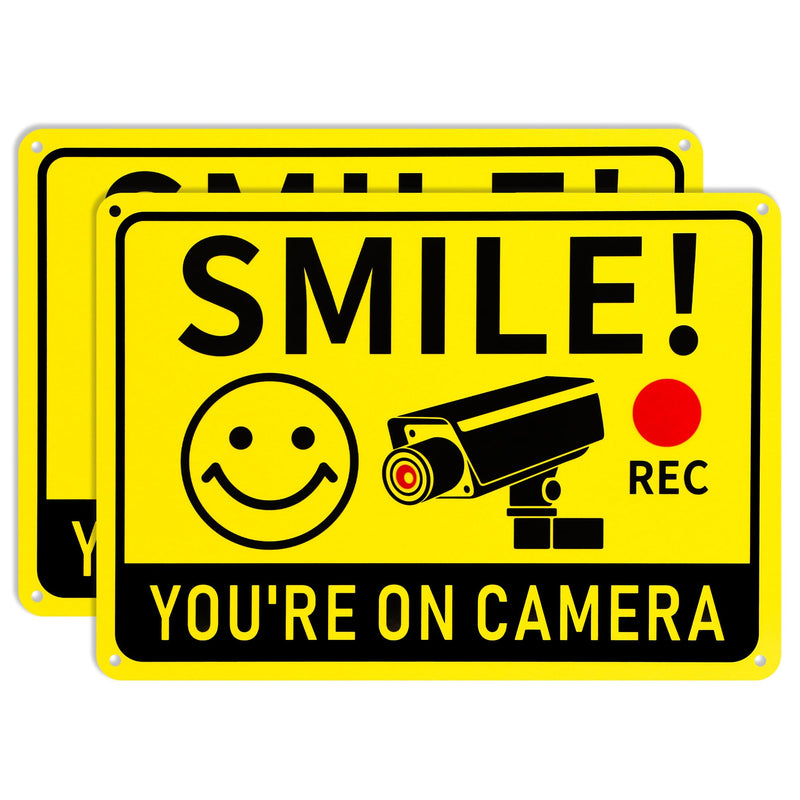 2 Pack Smile You're on Camera Signs – Video Surveillance Signs Outdoor, 10"x7" Rust-Free Aluminum Warning Sign, UV Printed Weatherproof Security Camera Sign for Home, Business, Fence, Driveway, CCTV 2-Pack