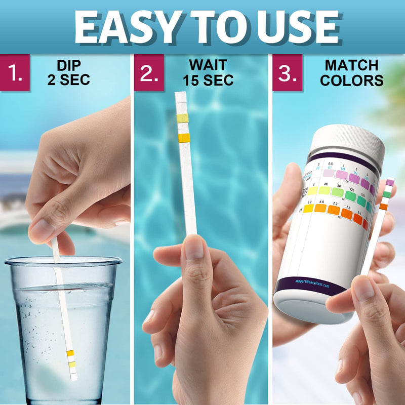 EASYTEST Pool and Spa Test Strips, 150 Strips Pack for Hot tub-Test pH,Total Alkalinity,Free Chlorine and Bromine, Accurate 3 in 1 Pool Water Testing Kit 3 in 1 Pool Test Strips