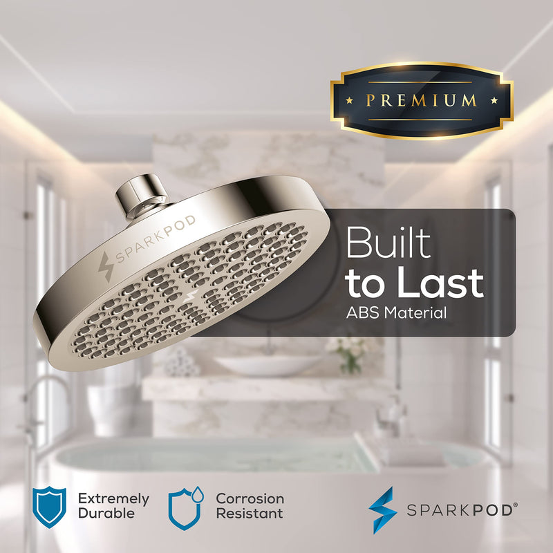 SparkPod 6" Rain Shower Head With 6" Shower Arm - High Pressure Rainfall Experience - No Hassle Tool-less 1-Min Installation - Enjoy Energy Saving Longer Hot Showers - Gain Space & Style - Durability Shower Head + 6 Inch Shower Arm