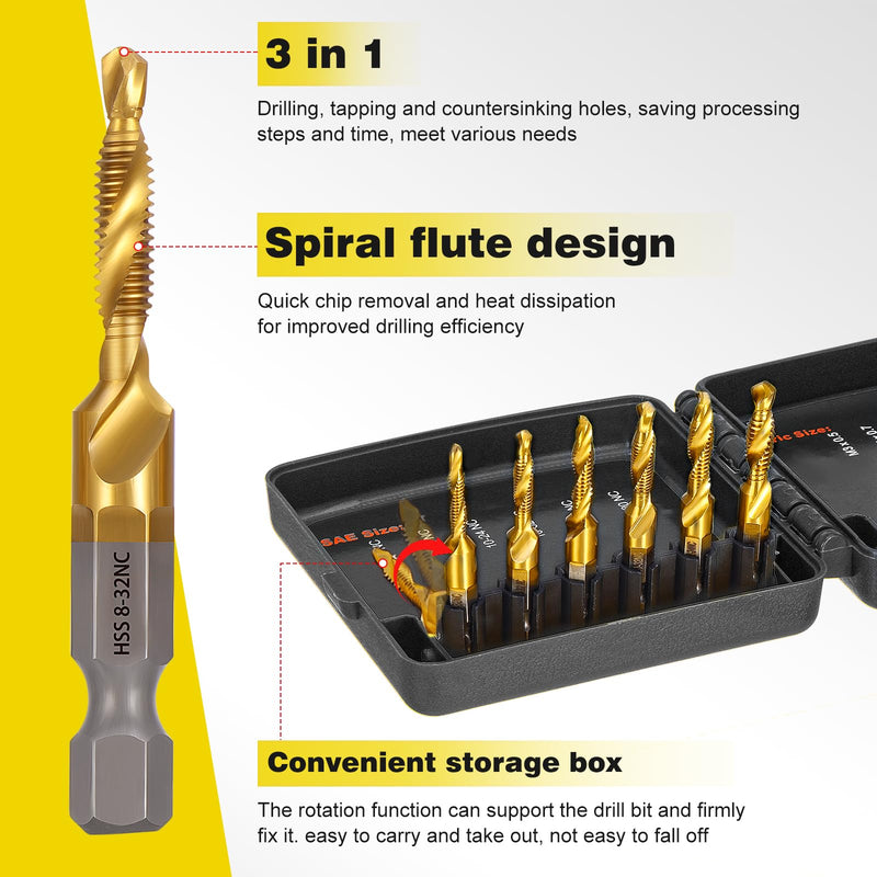 [Australia - AusPower] - HSEAMALL 13-Piece Tap Set, Combination Drill Bit Set, 6 mm, HSS M3-M10 Tap Set SAE 6-32NC to 1/4-20NC Drilling, Thread Cutting and Countersinking Iron, Aluminium, Copper, Metal 13 pcs gold 