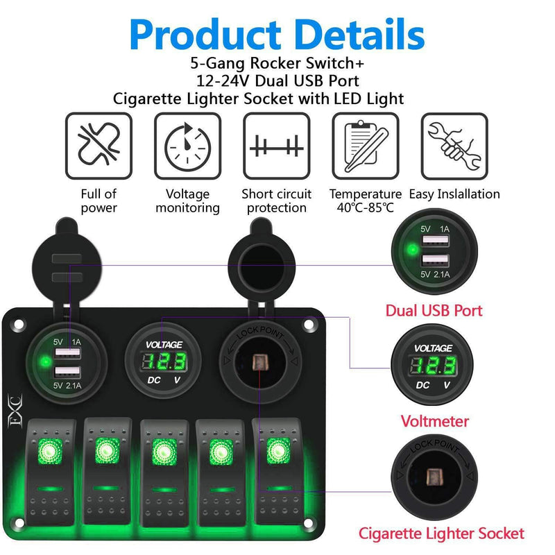 FXC 5 Gang Rocker Switch Aluminum Panel with Dual USB Slot Socket 5V 3.1A + Volt Meter + Cigarette Lighter for Marine Boat Car Rv Vehicles Truck 12-24V Waterproof (5Gang Green)
