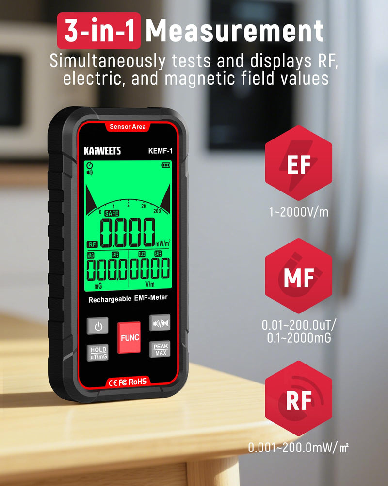 [Australia - AusPower] - KAIWEETS EMF Detector, 3-in-1 Handheld EMF Meter Detects EF, RF, MF, WiFi Signal, Rechargeable Radiation Detector with 3 Color Backlight and Sound Alarm, Suitable for Home, Office, Ghost Hunting 