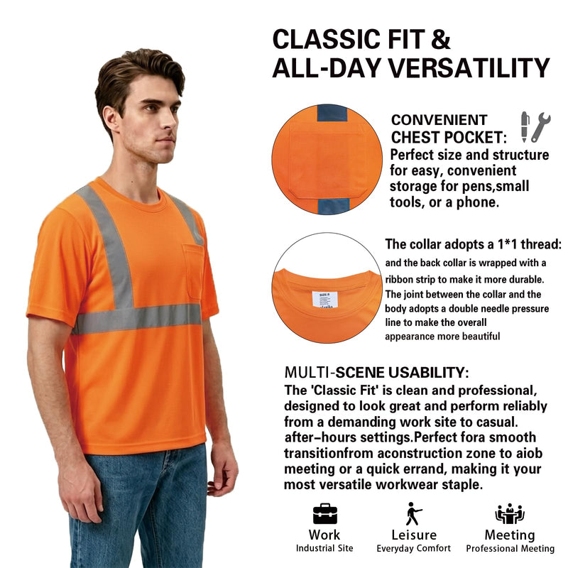 High Visibility Safety Shirts for Men,Short Sleeve, Quick Dry Birdeye, Reflective Tape, Construction Work Shirt Orange X-Large