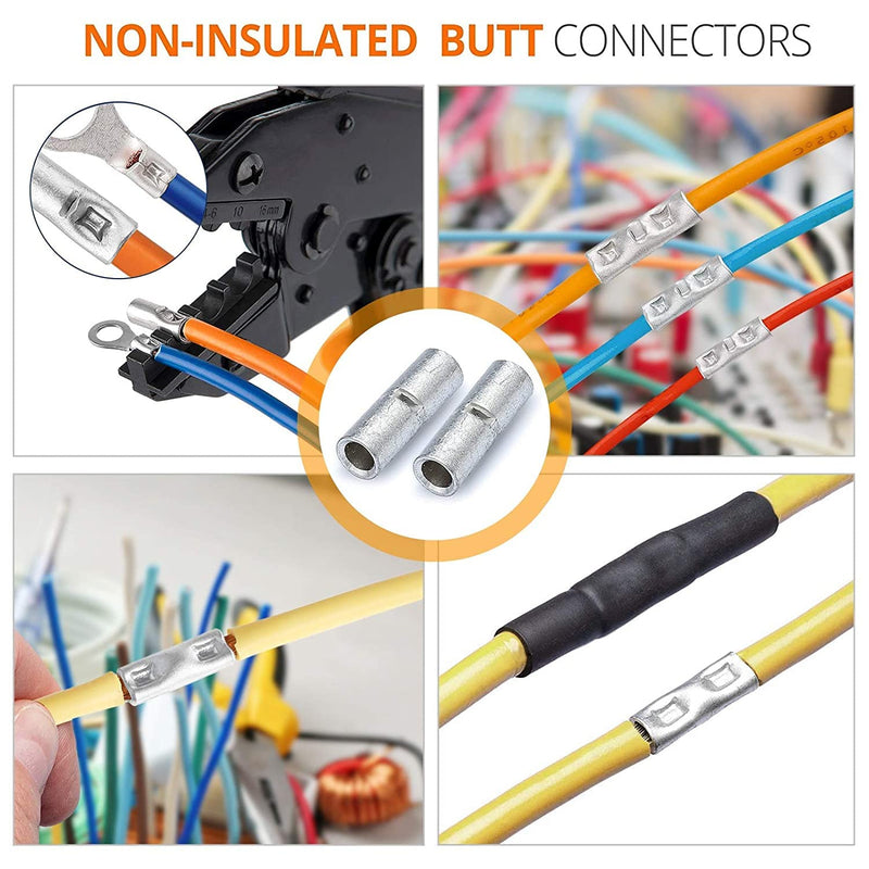 [Australia - AusPower] - 380 PCS Non Insulated Butt Connectors Kit,Butt Splice Connectors,Non-Insulated Wire Connectors for 26 to 6 gauge Wire Marine Grade Tinned Copper Crimp Butt Splice Uninsulated Butt Terminals 6-26 AWG Assortment Kit-380pcs 