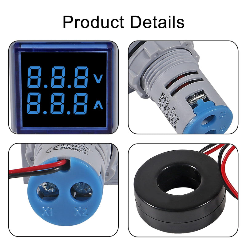 [Australia - AusPower] - 2pcs Blue LED Display Voltmeter, Square Dual Display Voltmeter and Ammeter LED Digital Voltage Gauge AC 60-500V 0-100A Current Meter Indicator 