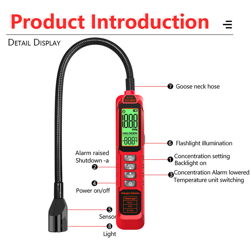 [Australia - AusPower] - Professional Halogen Gas Detector with 180° Flexible Probe, Digital Refrigerant Leak Detector for R22, R32, R134a, LCD Display, Ultraviolet Detection, 30CM Probe Length RED1 