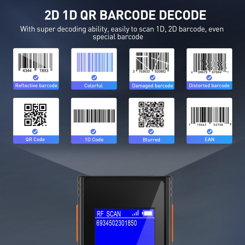 [Australia - AusPower] - Barcode Scanner Wireless, 1D 2D Mini Bar Code Scanner with 1.77 Inch Display Screen, Rechargeable Portable Handhold Barcode Reader with 2.4G Wireless Receiver Plug and Play 