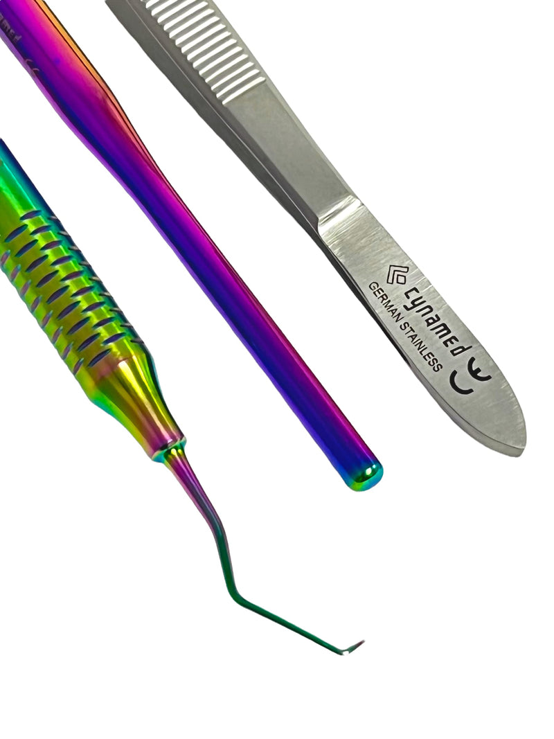 [Australia - AusPower] - ArTLaB-Premium German 3 Instruments Basic Dental Set- Mirror Explorer College Cotton Plier Hollow Handle -Dental Instruments set of 3 (Rainbow Titanium Set of 3) Rainbow Titanium Set of 3 