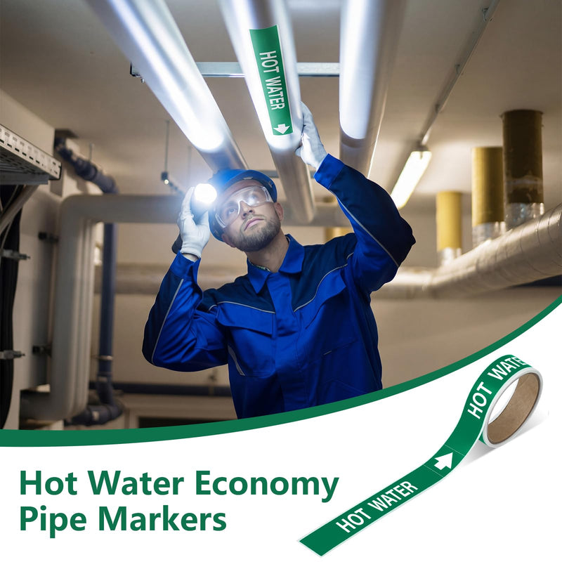 1 Roll Economy Pipe Markers - 1" Height x 8" Hot Water Pipe Labels, White On Green Pressure Sensitive Vinyl