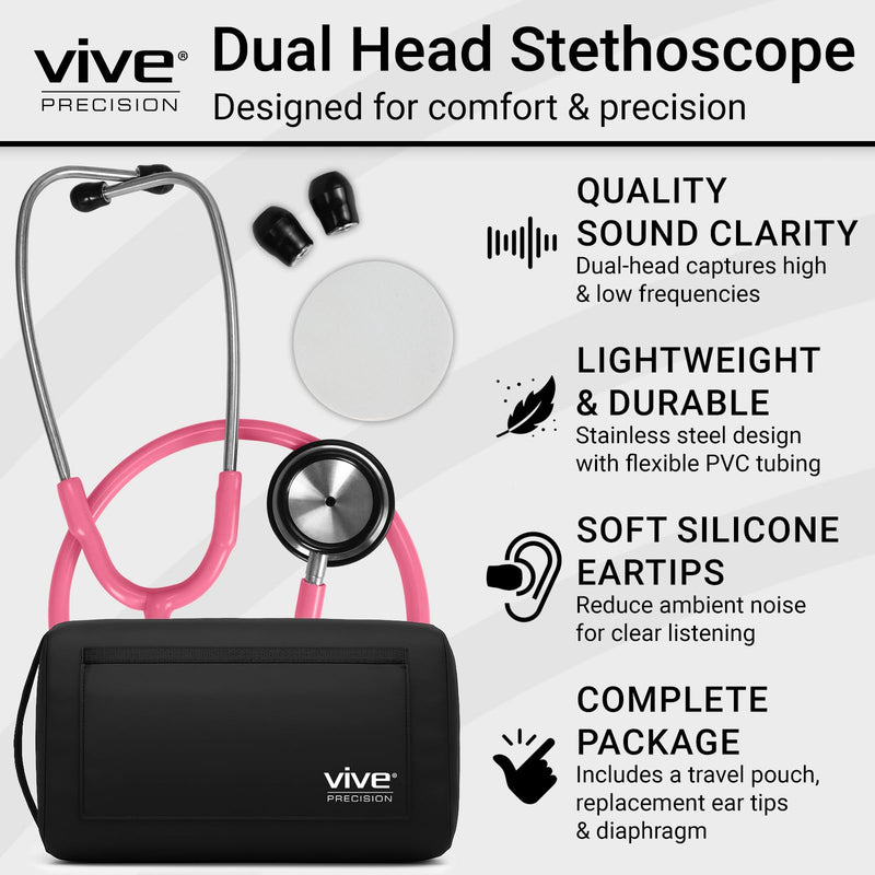 [Australia - AusPower] - Vive Precision Dualhead Stethoscope - Dual Head Diaphragm Bell for Nurses, ER, Cardiology, Veterinary, Fetal Pediatrics Blood Pressure Kit - Double Barrel Chestpiece Device For Doctors, Students 1 Count (Pack of 1) Pink 
