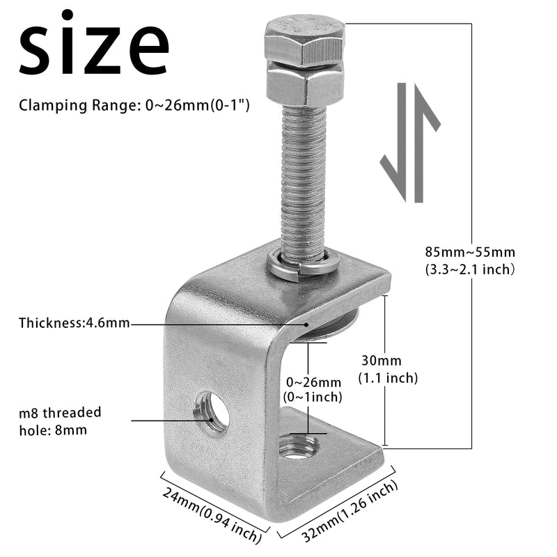 [Australia - AusPower] - 2 Pack 304 Stainless Steel Small C Clamps 1 Inch Mini C-Clamps Heavy Duty With Wide Jaw Opening for Woodworking and Welding Mounting (30mm) 1 3/16 inch?2pcs 