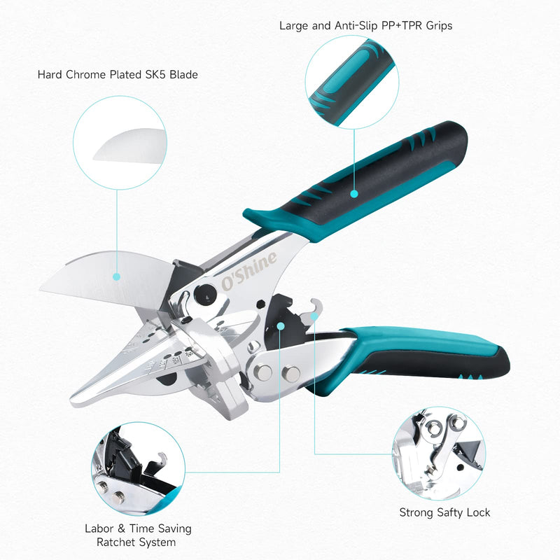 [Australia - AusPower] - O’Shine Ratchet Miter Shears for Angular Cutting Molding Crafting Wood, Quarter Round Cutting Tool, 45-135 Degree Multi Angle PVC Miter Shear Trim Cutter Hand Tool, An Extra Blade & Hex Key Included 