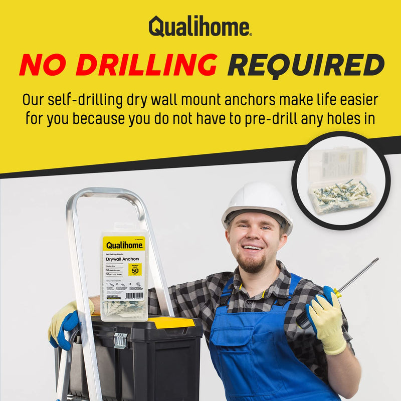 [Australia - AusPower] - Qualihome Heavy Duty Plastic Self Drilling Drywall Anchors and Screws Kit | Includes 50 Drywall Anchors, 50#8 1-1/4 Inch Screws & Reusable Storage Case 50 Pack 