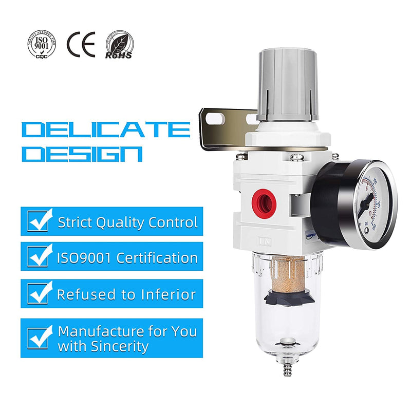 [Australia - AusPower] - NANPU 1/4" NPT Compressed Air Filter Regulator Combo Piggyback, 5 Micron Brass Element, Poly Bowl, Semi-Auto Drain, Metal Bracket, 0-150 psi Gauge Semi-Auto Drain, Metal Coupler&Plug 