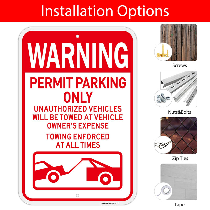 2PC Warning Permit Parking Only Sign, 18"x12"Towing Enforced Sign, Unauthorized Vehicles Will be Towed Signs, Engineer Grade Rust Free Reflective Aluminum, Fade/Weather Resistant, UV Protected