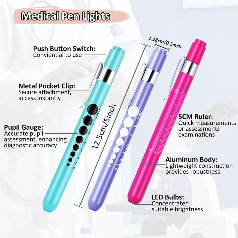 [Australia - AusPower] - Pen Light for Nurses, 3 Pack Medical Pen Lights with Pupil Gauge for Doctor Nurse Student with Baked Porcelain Finishing Aluminum Alloy Body Penlights, White Light Led, 6 AAA Powerful Batteries Pink + Sky Blue + Light Purple 