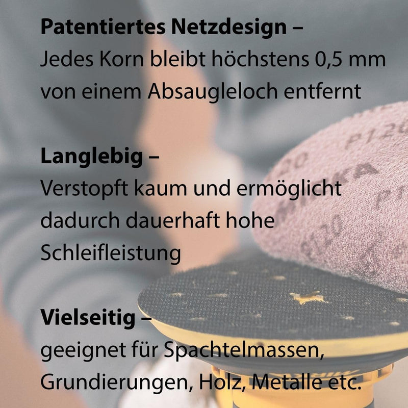 Mirka Abranet 5424105051 Mesh Sanding Discs, Diameter 150 mm, Velcro, Grit P500, Pack of 50, for Sanding Wood, Filler, Varnish, Plastic; Dust-free sanding | Mesh Sanding Discs P500 for Wood Spatula Paint Plastic High Dust Extraction Durable Grain P500