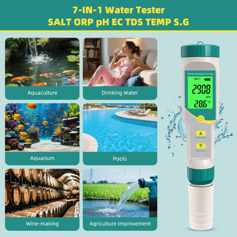 [Australia - AusPower] - 7 in 1 Digital Water Tester Pool Salt Tester Salinity, PH, TDS, EC, ORP TDS Meter, PH Meter for Water with LCD Backlit Testing Kits for Swimming Pool,Saltwater, Sea Water, Fish Tank 