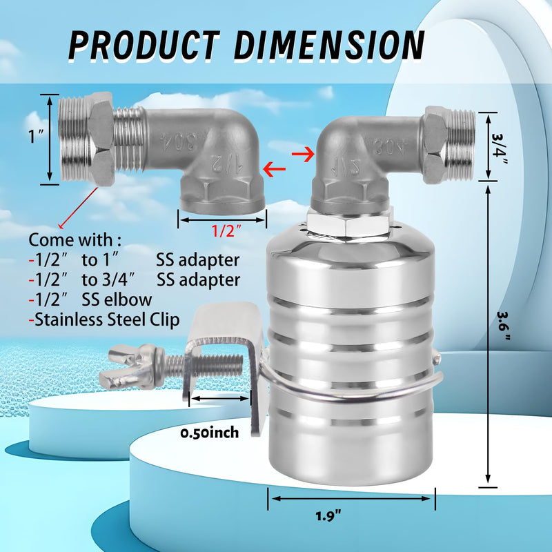 [Australia - AusPower] - Float Valve, 1/2" to 3/4" 1" Water Float Valve, 304 Stainless Steel Float Valve, Fully Automatic Water Level Controller Float Valve for Water Tank, Livestock Troughs, Pool, Distiller 