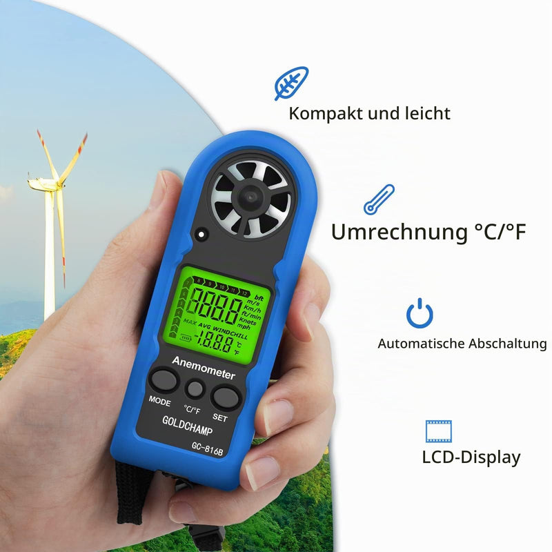 Hand Wind Gauge, Mini Digital Wind Speed Meter, Measures Temperature, Max/Average/Current, Windchill Indicator, LCD Backlight HVAC and Outdoor Activities blue
