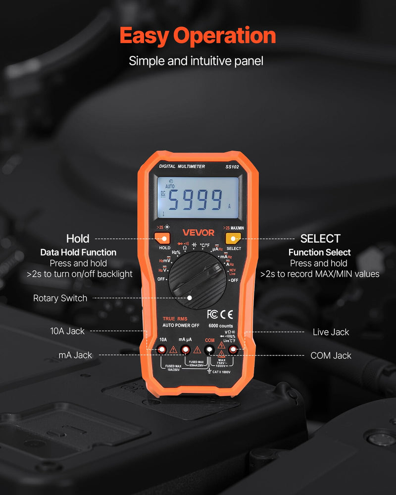 [Australia - AusPower] - VEVOR Digital Multimeter, 6000-Count TRMS DC/AC Voltmeter Current Tester, Professional NCV Multimeter for Current Voltage Resistance Capacitance Duty-Cycle Tempetature Diodes Continuity Live Wire Test 