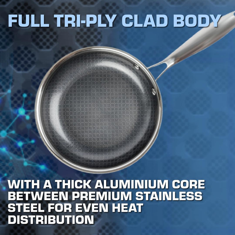 David Burke GeoClad Ceramic Hybrid Non-Stick 10" Fry Pan – Stainless Steel Sear Surface, Geometric Pattern, Tri-Ply Clad Body, PFOA-Free, Dk Gray/SS