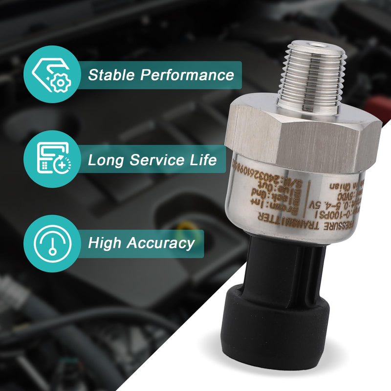 [Australia - AusPower] - 100 PSI Pressure Transducer Sender Sensor with 1/8" -27 NPT 316 Stainless Steel Thread and Harness Connector for Oil Fuel Air Water Pressure 100 PSI 
