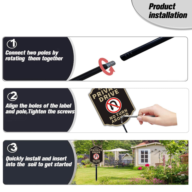 Large Private Drive No Turn Around Sign, 14”x10” Private Road Reflective Warning Signs with 36”Strong Steel Stake Rust Free Heavy Duty Aluminum Easy Installation for Outdoor Use No turn around-Black