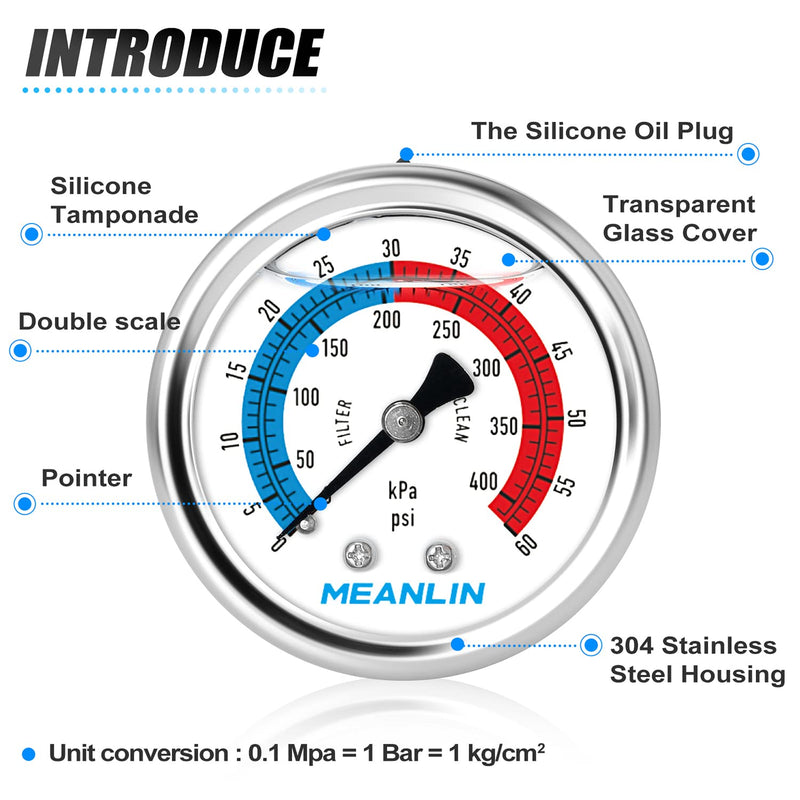 [Australia - AusPower] - MEANLIN MEASURE 0-60psi Pressure Gauge, 2-Inch Dial Glycerine Filled Pool Filter, 304 Stainless Steel Housing, Center Back Mount, 1/4" NPT With 1/2" and 3/8" NPT Hex Bushing 0-60Psi/0-400Kpa 