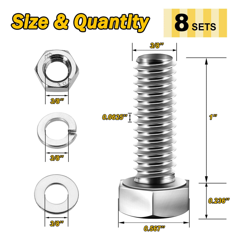 [Australia - AusPower] - (8 Sets) 3/8-16x1" Hex Head Stainless Steel Bolts and Nuts with Flat & Lock Washers, 304 Stainless Steel 18-8, Fully Threaded, 3/8 Bolt (8Sets) 3/8-16x1" 