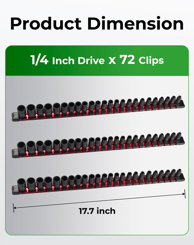 ALOANES 3-Piece 1/4-Inch Drive Aluminum Alloy Socket Rail Organizer, Heavy Duty Socket Racks, Socket Holder Kit for Toolbox Drawer Fit 1/4-Inch x 72 Clips (Red) 3PC, 1/4-inch Drive Red