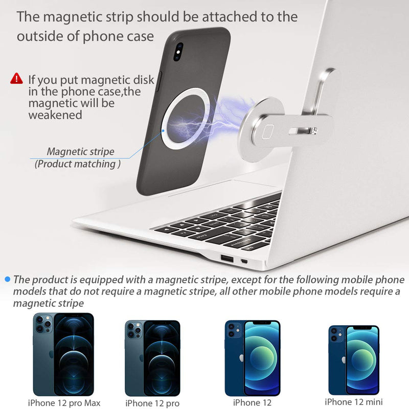 [Australia - AusPower] - Magnetic Phone Holder for Laptop Designed for iPhone 15/14/ 13/12 MagSafe, Adjustable Phone Monitor Side Mount, Slim Portable Foldable Computer Expansion Bracket, Silver Sliver 