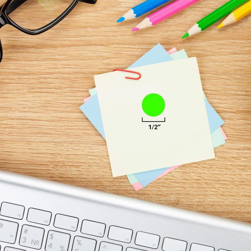 ChromaLabel 0.50 Inch Round Label Removable Color Code Dot Stickers, 1200 Pack, Fluorescent Green