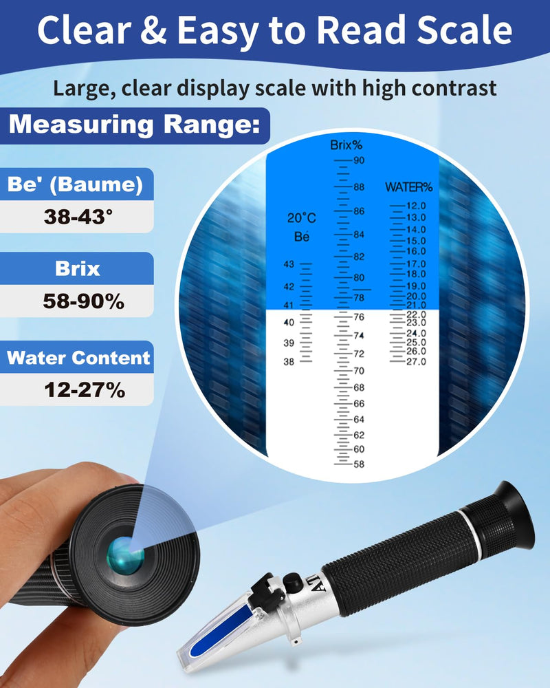 [Australia - AusPower] - Honey Refractometer for Moisture, Brix and Baume, Brix Meter Refractometer with ATC, (12-27% Honey Moisture, 58-90% Brix, 38-43° Baume), Refractometer Brix for Honey, Maple Syrup, Molasses, Fruit Jam 
