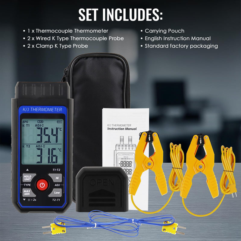 [Australia - AusPower] - Dual Channel K/J Thermometer with 4 Probes & 2 Pipe Clamps– -200°C to 1372°C° (-328°F to 2501°F) Alarm, Backlight Temperature Meter for HVAC Tools, Industrial Thermometer Dual Channels w Temp Clamp 