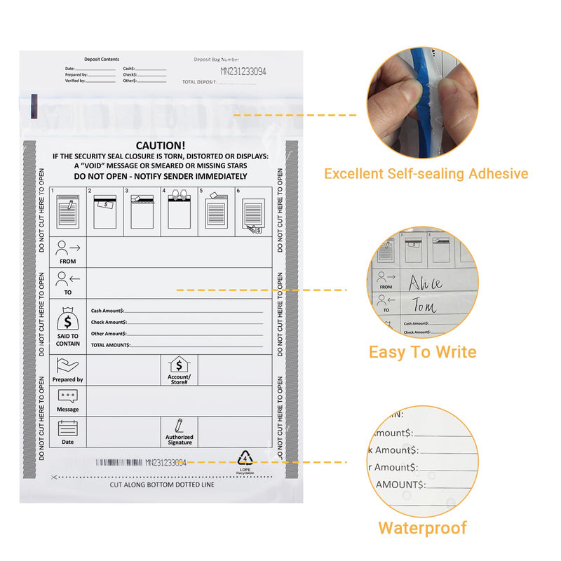 100 Pack 9" x 12" Tamper-Evident Deposit Bags with Security Tape Tamper Evident Security Pocket Bank Deposits Bags (5) 9 x 12 Inch Tamper-Evident(100pack)