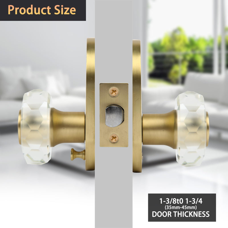 Gold Door Knob Interior, Privacy Door Knob for Bathroom and Bedroom, Premium Glass Door Knobs, Anti-Lock Function, Round Clear Crystal Bathroom Door Knob with Lock, 1 Pack Gold Plated
