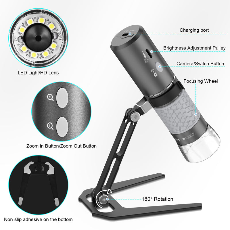 [Australia - AusPower] - Cainda 4K 3840x2160p WiFi Digital Microscope for iPhone/Android Phone and Windows Mac PC, Wireless Handheld Microscope Camera, Portable Microscope with Metal Stand for Adults and Kids WiFi Microscope with Stand 