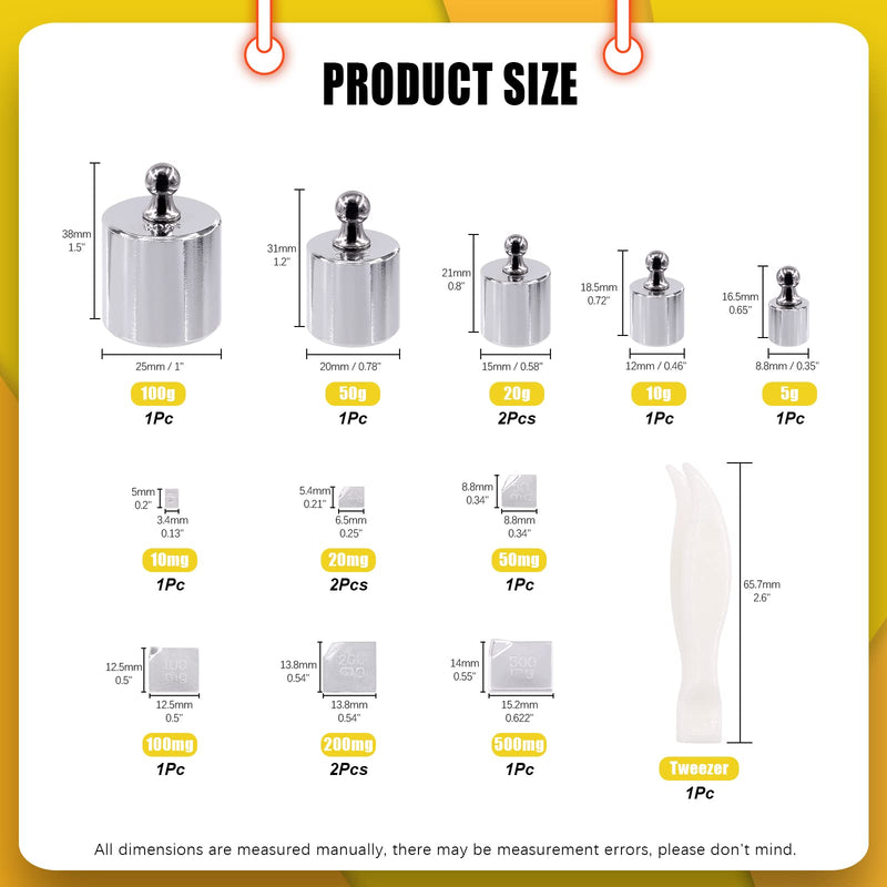 [Australia - AusPower] - Mardatt Precision Scale Calibration Weight Set 10m to 500mg 5g to 100g Steel Weights Calibration with Tweezers for Digital Scales Jewelry Scale M2 Class (Total 200g) 