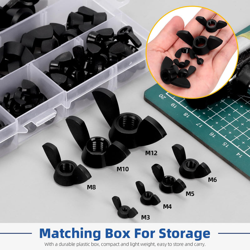 [Australia - AusPower] - Glarks 110Pcs 7 Sizes Black Wing Nuts Assortment Kit, M3, M4, M5, M6, M8, M10, M12, High Strength Nylon Butterfly Nuts, Wing Bolt Fasteners, Hand Twist Tighten Ear Wing Nuts 