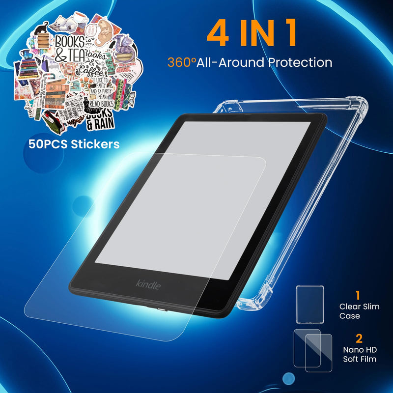 [Australia - AusPower] - 4 in 1 Clear Case with 2 Screen Protector and 50 Sticker for Kindle Paperwhite 11th Gen 2021 & Signature Edition (6.8"),【All-Around Protection】【Light Weight】【Anti-Scratch】Kindle Paperwhite Case, Clear 