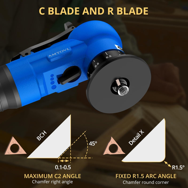 [Australia - AusPower] - AMTOVL Pneumatic Chamfering Tool - Mini Air Chamfer Tool with 10 C-Angle & 10 R-Angle Blades, 45° 30000 RPM Chamfering Tool for Metal and Wood with 1/4" Air Inlet Blue 