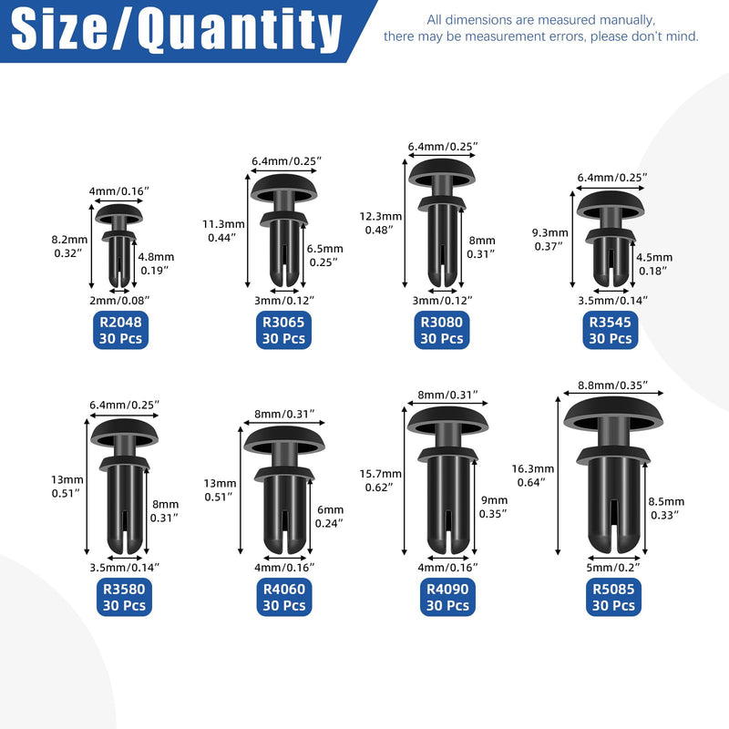 [Australia - AusPower] - Glarks 240pcs 8 Sizes Nylon Removable Push Head Fasteners Rivets 2MM 3MM 3.5MM 4MM 5MM Black Push Pin Clip Rivets Car Bumper Retainer Clips Bumper Shield Retainer Push-in Screw Bumper Push Rivet Clip 