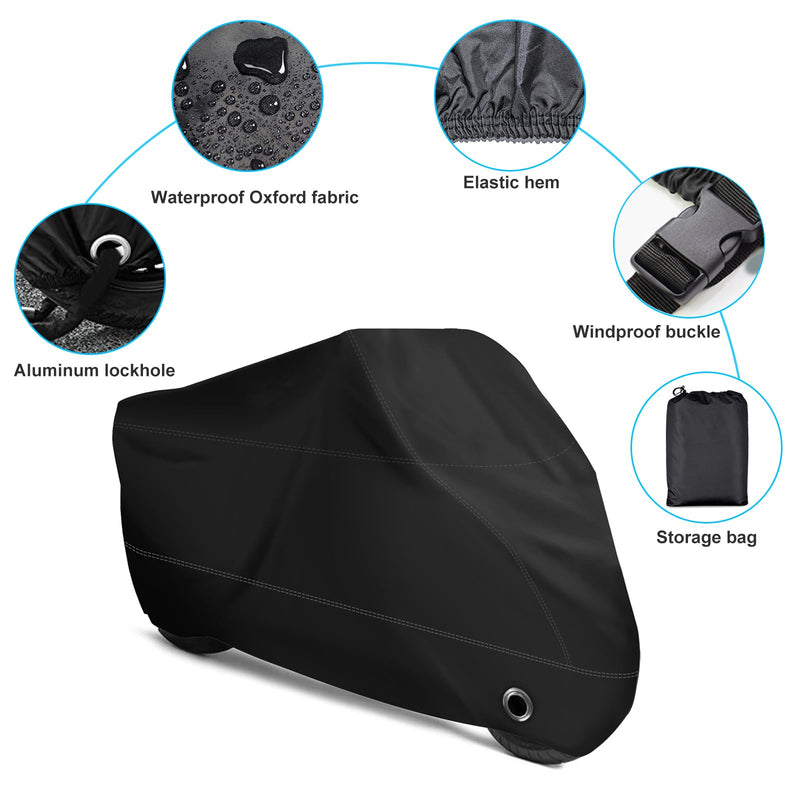 [Australia - AusPower] - XYZCTEM Motorcycle Cover -Waterproof Outdoor Storage Bag,Made of Heavy Duty Material, Fits up to 116" All Motors(Black& Lockholes& Professional Windproof Strap) 116" Black 